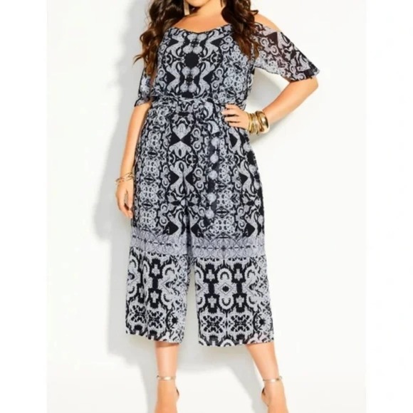 City Chic Pants - CITY Chic Jaggery Jumpsuit - black white boho jeweled plus size M 18 new!!!